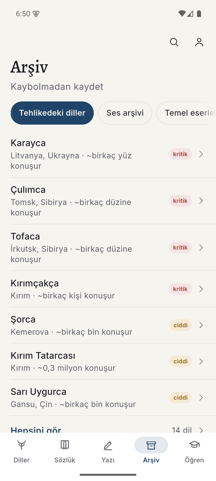 Arşiv sekmesi: tehlikedeki diller listesi, kritik ve ciddi rozetleriyle.