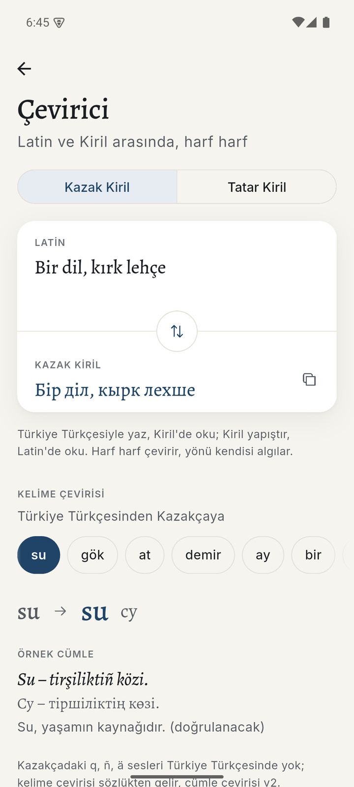 Çevirici: Bir dil, kırk lehçe cümlesi Kazak Kiriline çevrilmiş.