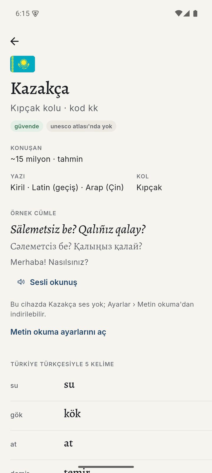 Kazakça dil kartı: bu cihazda Kazakça ses yok uyarısı.