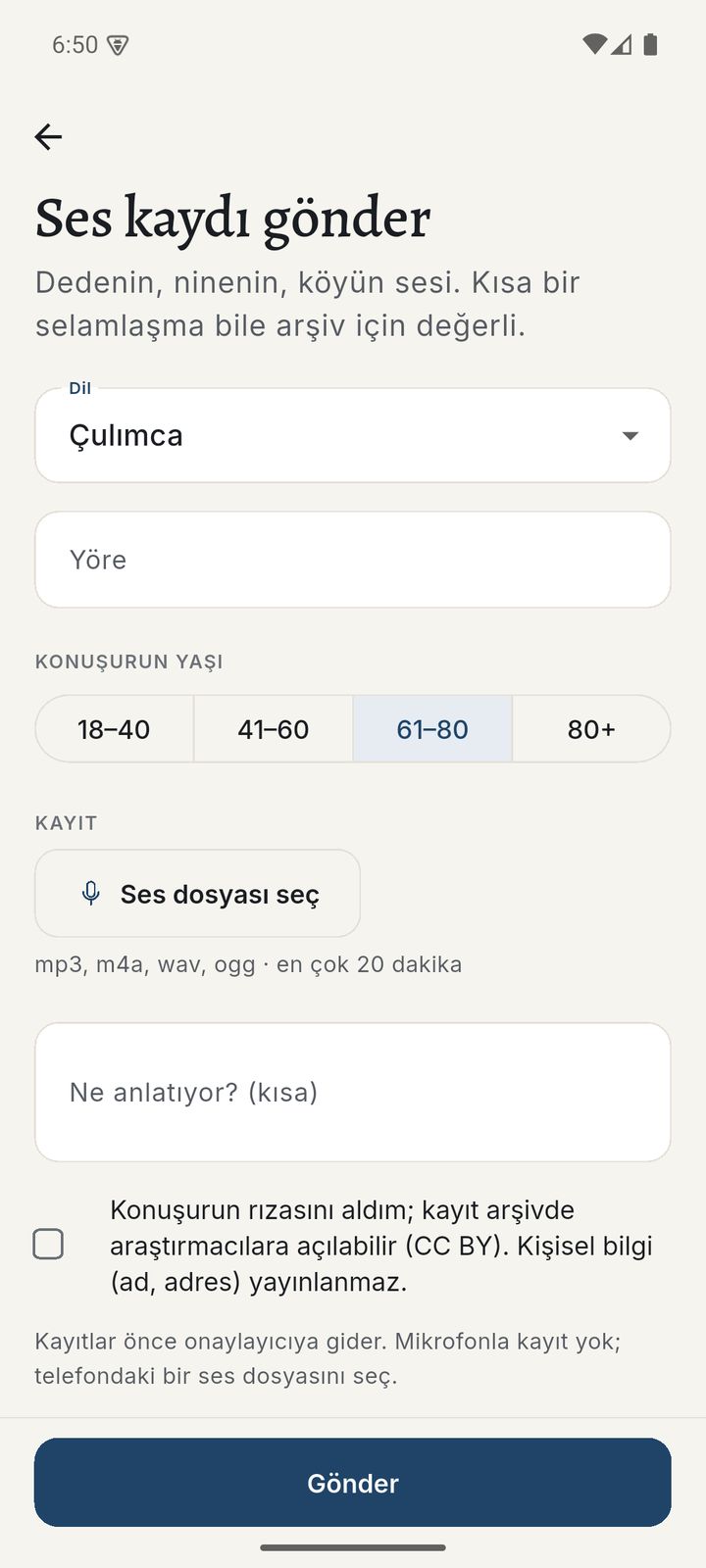 Ses kaydı gönder formu: dil, yöre, konuşurun yaşı ve rıza kutusu.