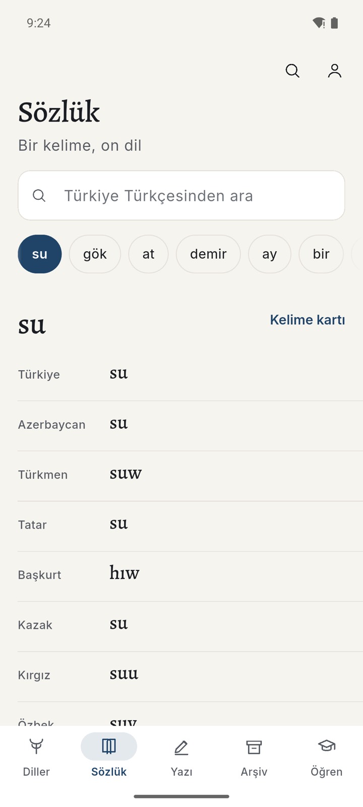 Sözlük sekmesi: su kelimesi on dilde, Kiril yazımlarıyla.