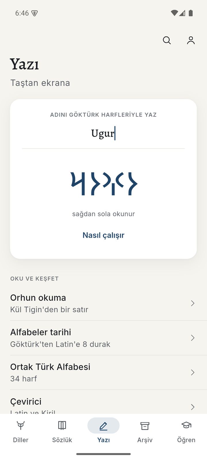 Yazı sekmesi: Ugur adı Orhun harfleriyle yazılmış.